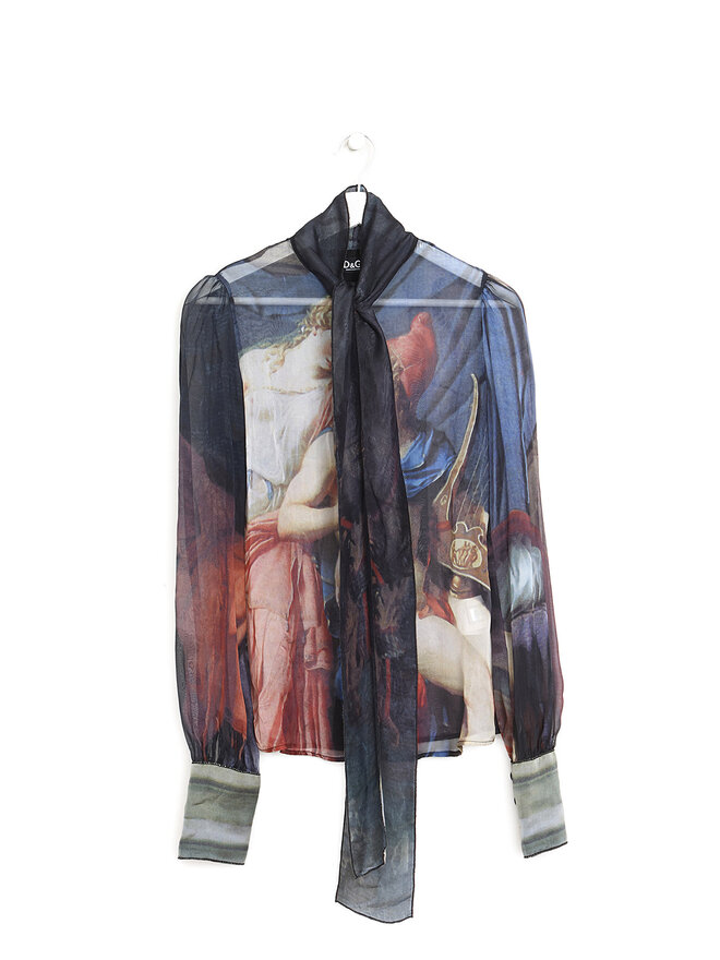 D&G DOLCE & GABBANA Graphic Silk Tie Blouse