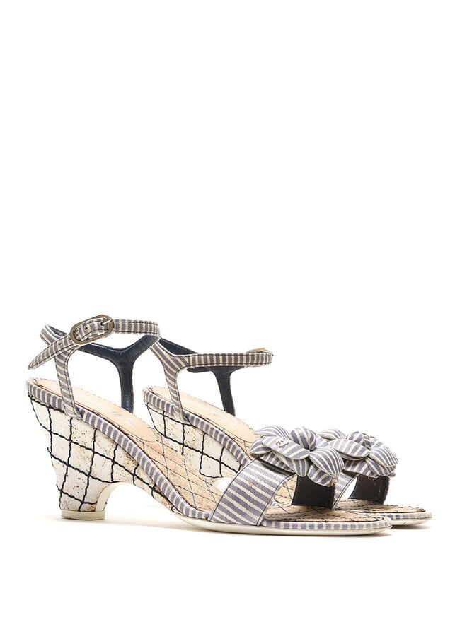 CHANEL Striped Canvas Wedge Sandals