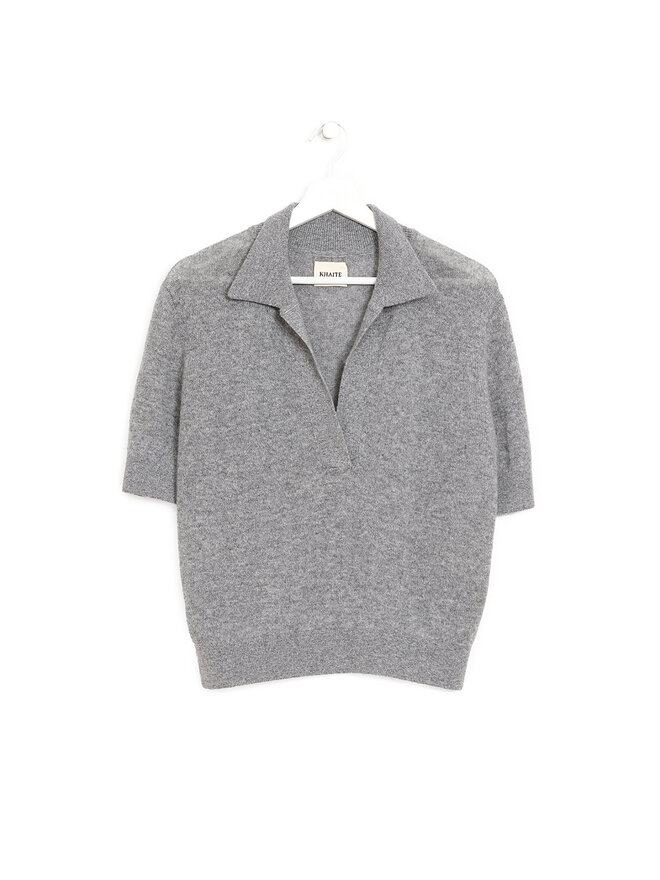 KHAITE Three-Quarter Sleeve V-Neck Polo Sweater