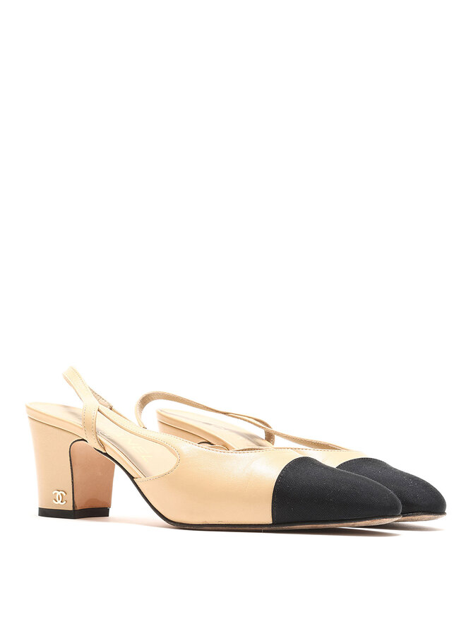 CHANEL Leather Slingback Shoes with Black Cap Toe
