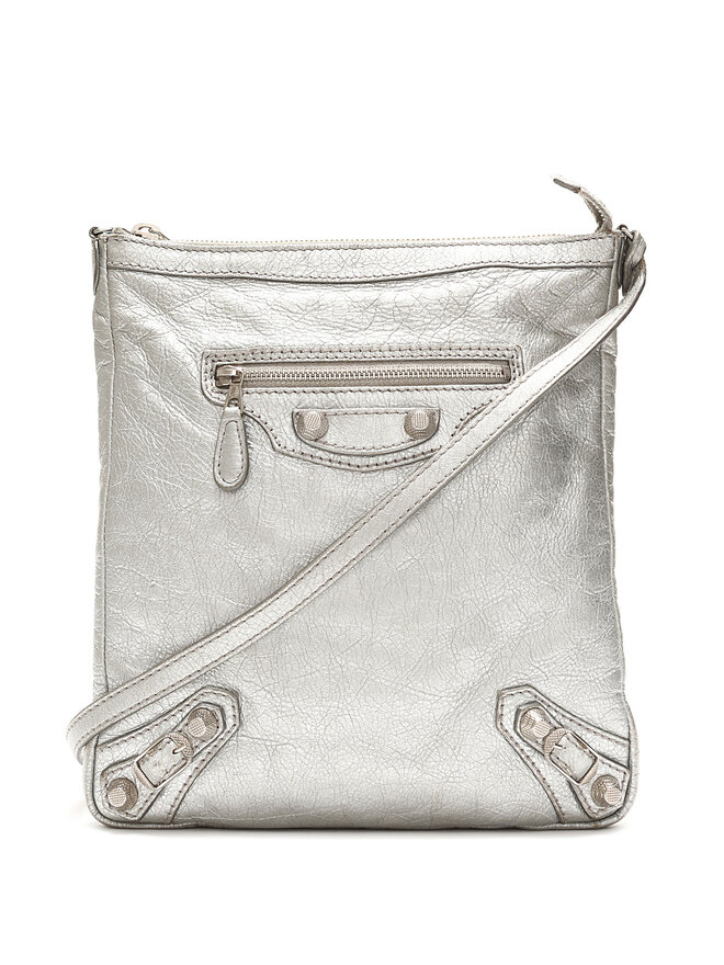 BALENCIAGA Metallic Silver Distressed Crossbody Bag