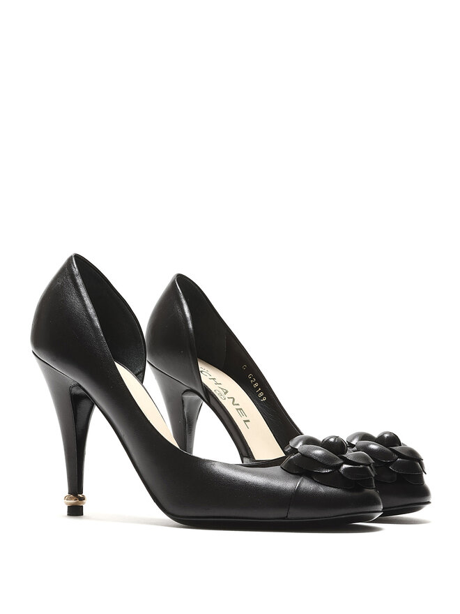 CHANEL Camellia Embellished Leather Heels