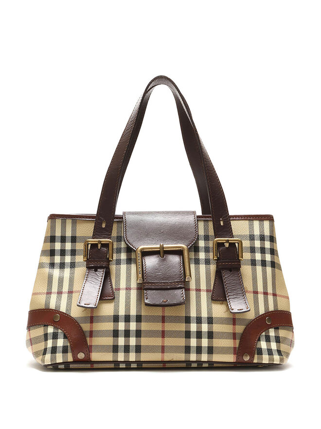 BURBERRY Beige Plaid Coated Canvas Tote Bag