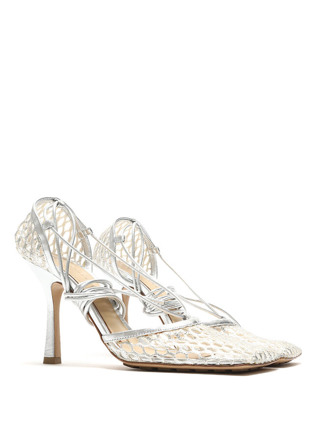 BOTTEGA VENETA Silver Mesh Strappy Mules