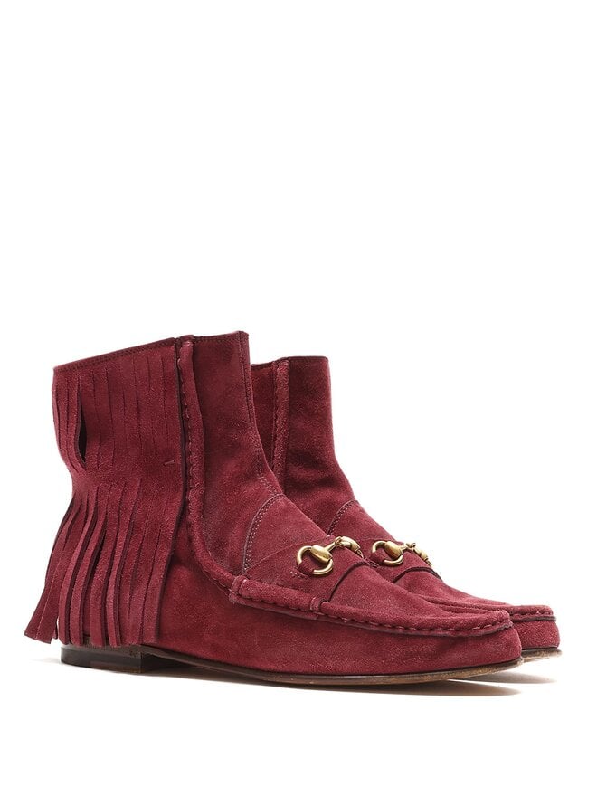 GUCCI Burgundy Suede Fringe Ankle Boots