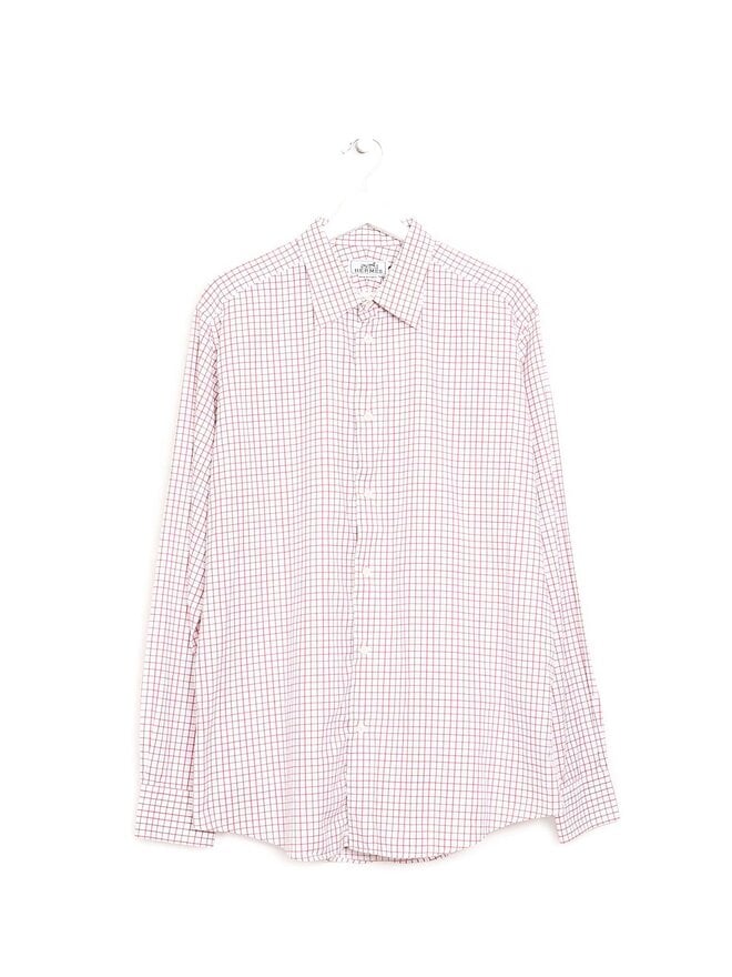 HERMÈS Chemise en Coton à Carreaux Rouge et Blanc