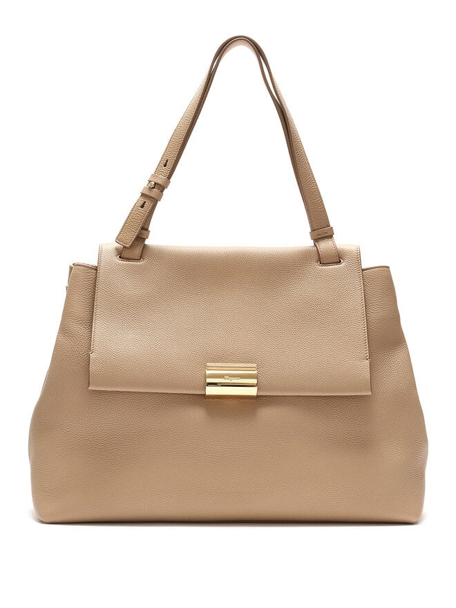 Salvatore Ferragamo Beige Leather Turn-Lock Tote Bag