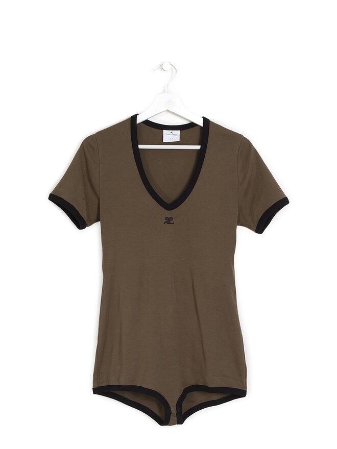 Courrèges Green Short Sleeve V-Neck Bodysuit