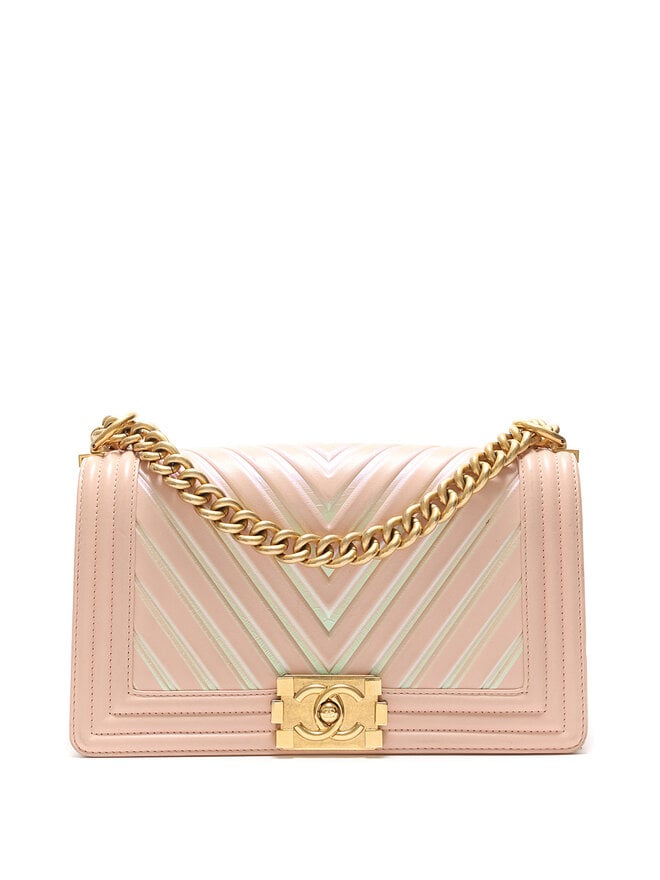CHANEL Chevron Iridescent Pink Leather Shoulder Bag