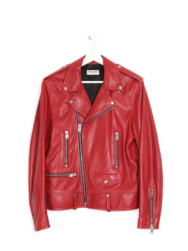SAINT LAURENT Veste de Motard en Cuir Rouge