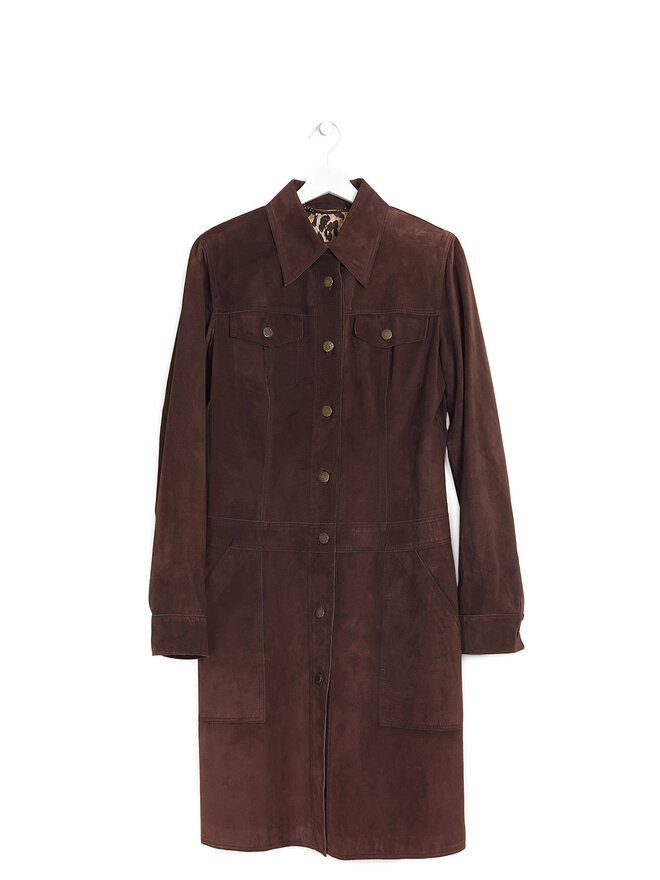 Dolce & Gabbana Veste maxi en suède avec doublure imprimé animal