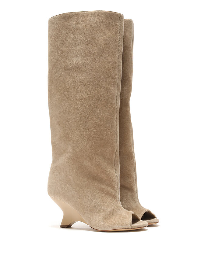 GIA BORGHINI Bottes hautes en suède beige à bout ouvert