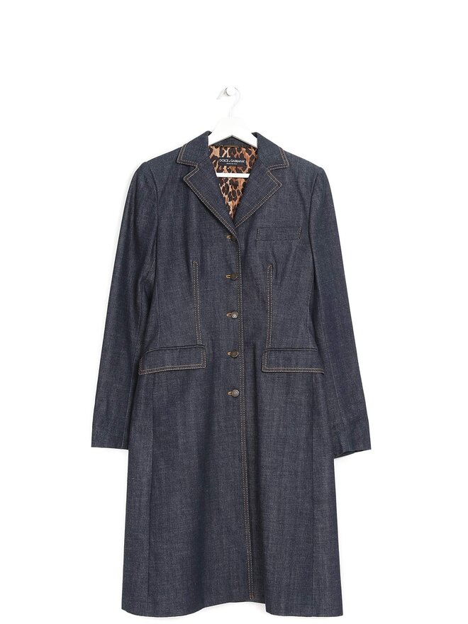 Dolce & Gabbana Maxi Denim Coat with Leopard Lining