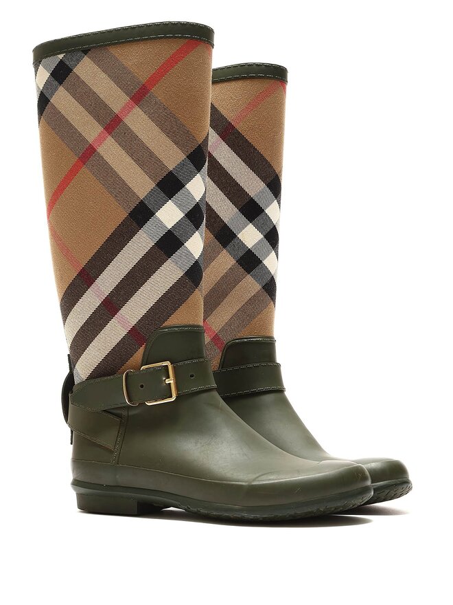 BURBERRY Plaid Canvas and Rubber Knee-High Boots