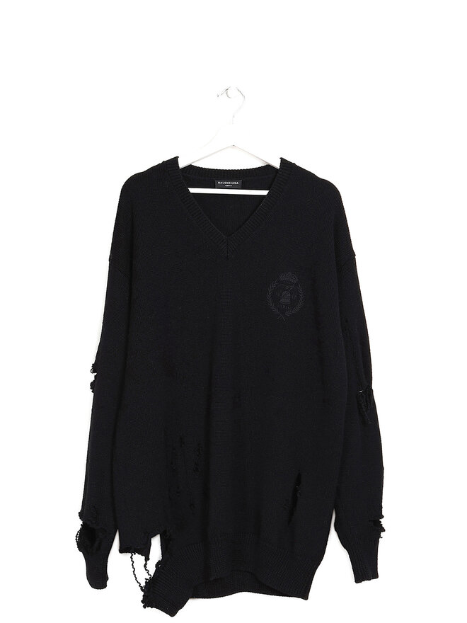 BALENCIAGA Distressed V-Neck Wool Sweater