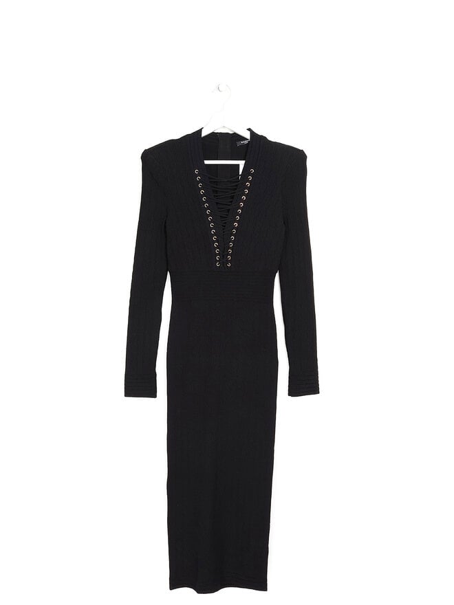 BALMAIN Robe Midi en Maille Côtelée