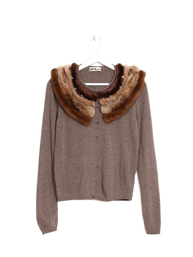 Blumarine Brown Fur Trim Cardigan