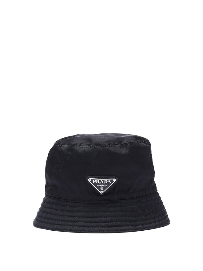 PRADA Black Bucket Hat with Logo Plaque