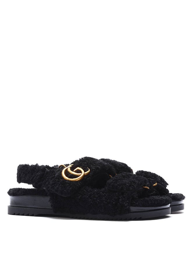 GUCCI Faux Fur Velcro Strap Sandals