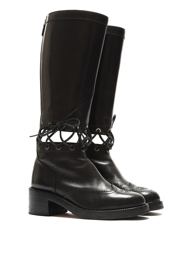 CHANEL High Leather Boots with Embossed Logo