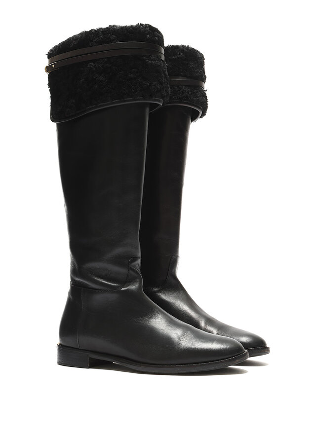 BURBERRY Grained Leather Knee-High Boots with Fur