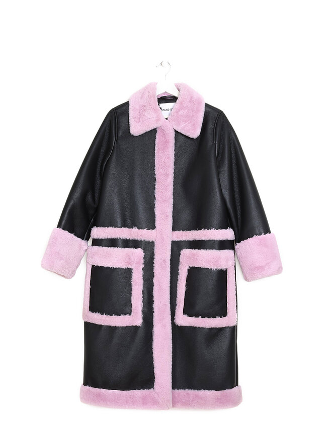 Stand Studio Black and Pink Riley Faux Shearling Coat