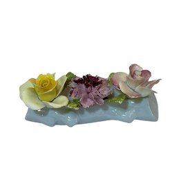 Vintage Petite Pink and Yellow Porcelain Flowers on Log