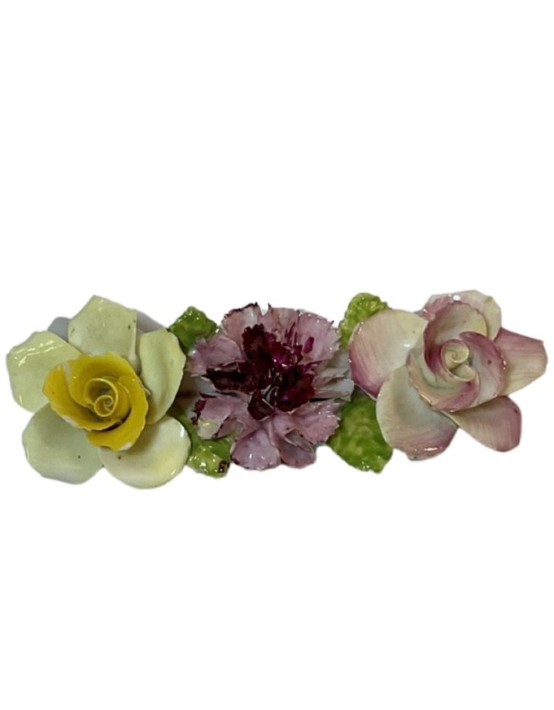 Vintage Petite Pink and Yellow Porcelain Flowers on Log