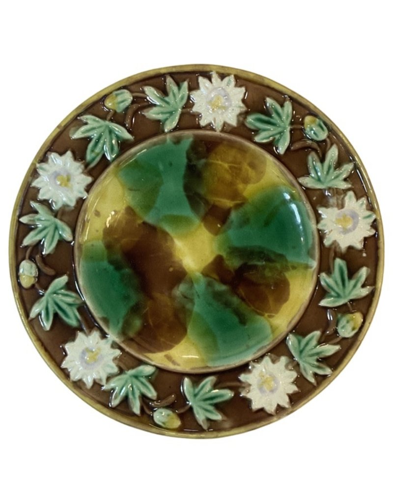 Vintage Majolica Plate (C) - Brown Edge with White Flower Vine