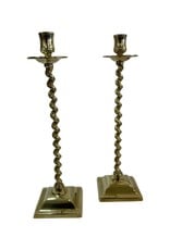 Vintage Pair of Brass Petite Twist Candlesticks - 13" H x 3.5" Square Base