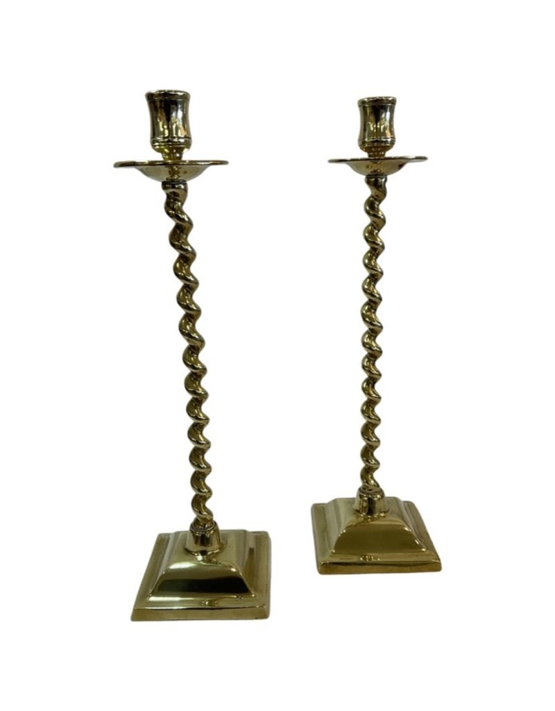 Vintage Pair of Brass Petite Twist Candlesticks - 13" H x 3.5" Square Base