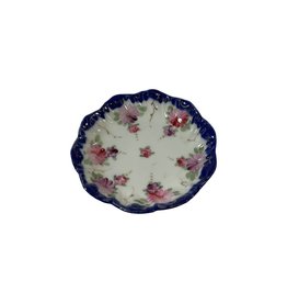 Vintage Small Round Blue & White Dish w/ Pink/Green Flowers