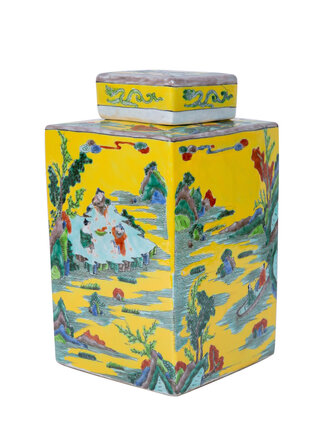 Yellow Square Tea Jar with Landscape Motif
