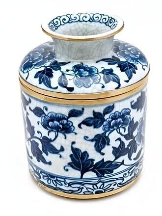 Blue and White Ceramic Peony Tissue Jar with Brass Trim Blue and White Ceramic Peony Tissue Jar with Brass Trim