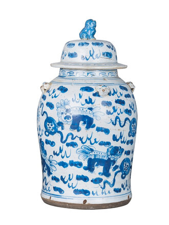 Vintage Blue and White Lion Motif Temple Jar, Small