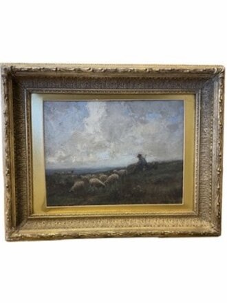vintage, antique Antique Gold Framed Scottish Scene, Shepherd and Sheep