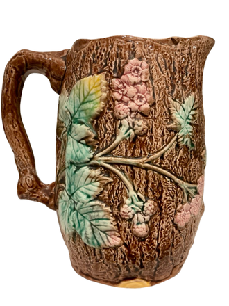 Vintage Antique Large Brown Faux de Boi Majolica Jug with Green Leaves and Pink Flowers