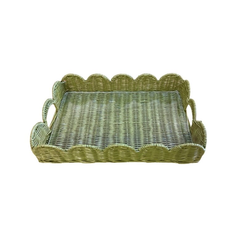 Sage Scalloped Wicker Tray with Acrylic Insert