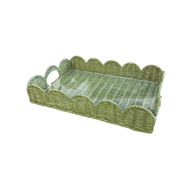 Sage Scalloped Wicker Tray with Acrylic Insert