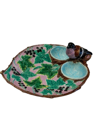 Antique Majolica Leaf Strawberry Dish with Bird