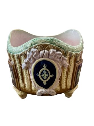 Footed Majolica Planter with Lavender Bow Detail and Green Edge
