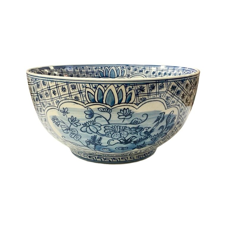 Blue and White Medallion Flower and Bird Bowl