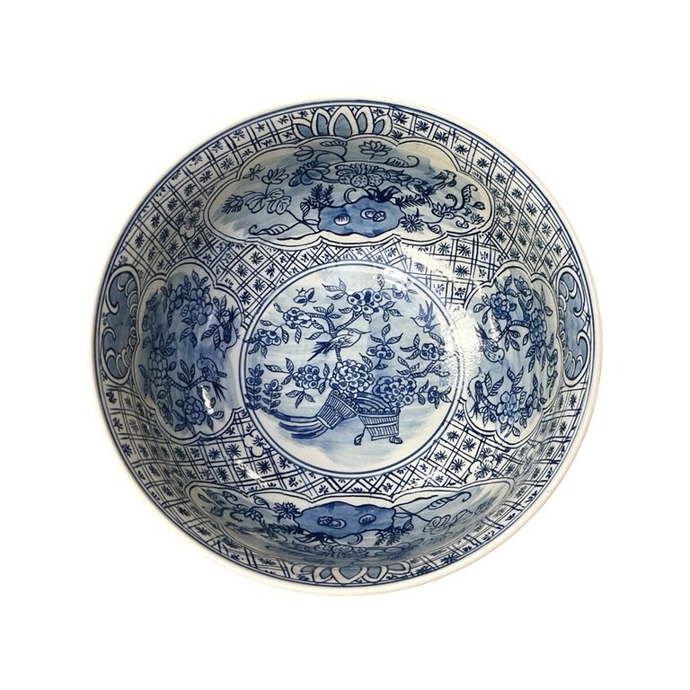 Blue and White Medallion Flower and Bird Bowl