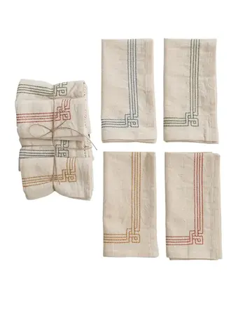 Natural Cotton Napkins w/ Multi-Colored Embroidery, Set of 4