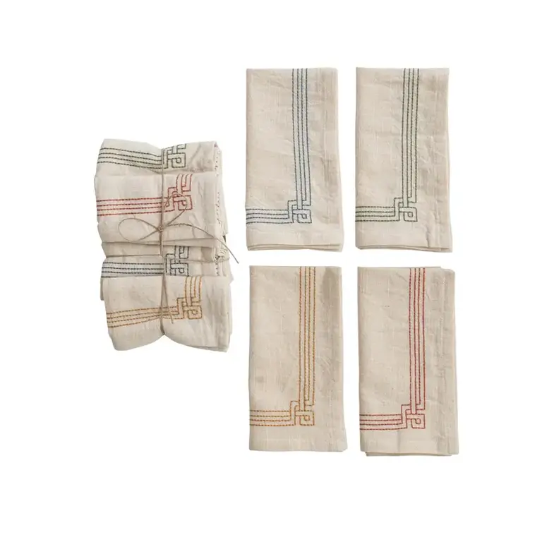 Natural Cotton Napkins w/ Multi-Colored Embroidery, Set of 4