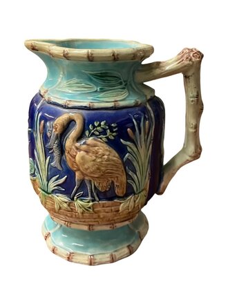 19th Century Cobalt and Turquoise Heron and Bamboo Majolica Jug