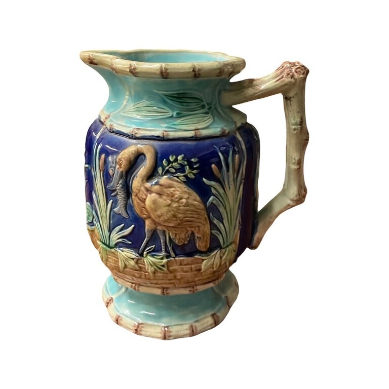 19th Century Cobalt and Turquoise Heron and Bamboo Majolica Jug
