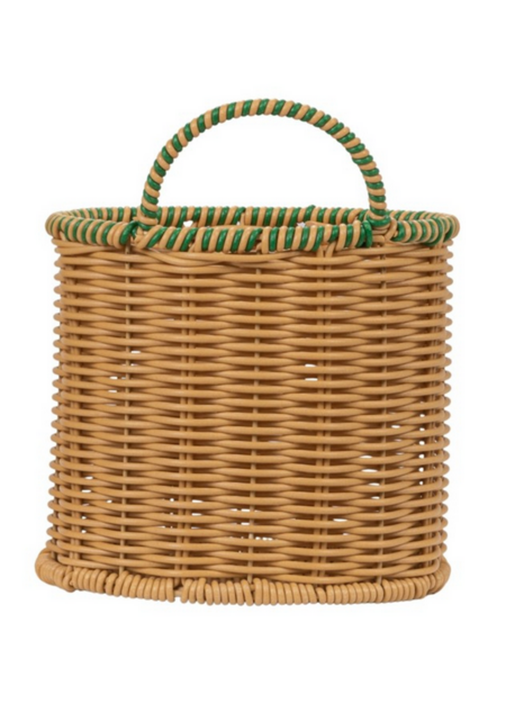 Woven Plastic Basket with Green Striped Edge Trim