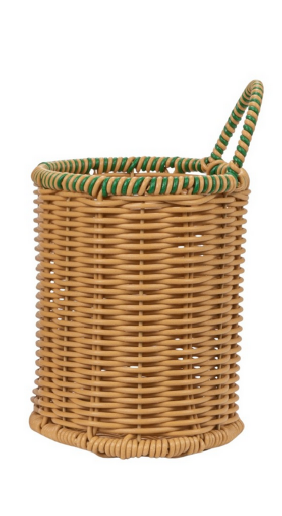 Woven Plastic Basket with Green Striped Edge Trim