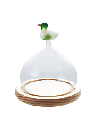 Petite Glass Cloche with Wood Base & Hand-Blown Duck Finial